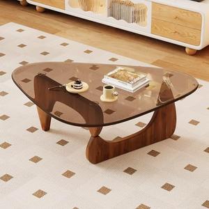 JCAJCA Coffee Table for Living Room Mid Century Modern Center Table with Glass Top and Oak Wood, Brown/Walnut, 91x65x10cm