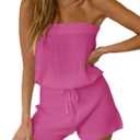 Chang Yun Womens Summer Jumpsuits Casual Loose Sleeveless Off Shoulder Elastic Waist Romper Loungewear Two Piece Outfits (Small, Rose Red)