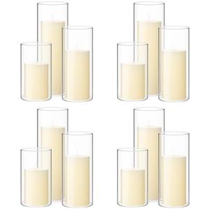 Shihanee Set of 24 Pillar Candles and Glass Cylinder Vases Clear Cylinder Candle Holders for Slim Pillar Candles Wedding Centerpieces(2.6''x 4.7'', 5.9'', 7.9'',Ivory White)