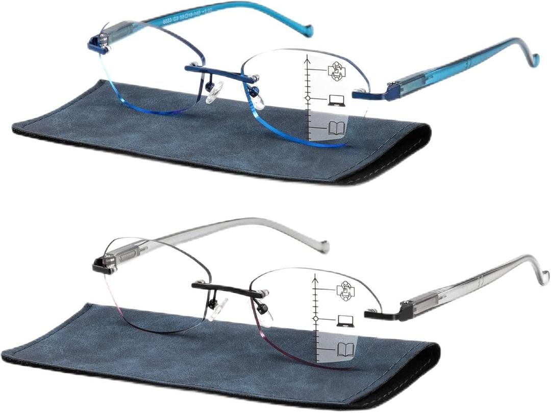 Multifocus Reading Glasses Women Progressive Multifocal No Line Bifocal Rimless Reader Blue Light Computer Eyeglasses