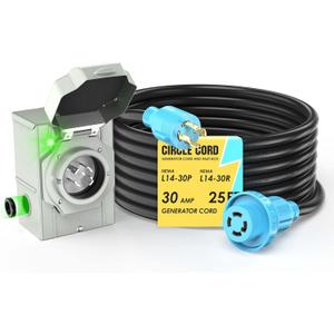 CircleCord 4 Prong 25 Feet 30 Amp Generator Extension Cord and Inlet Box with Locking Connector, Heavy Duty NEMA L14-30P/L14-30R, 125/250V 7500W 10 Gauge SJTW Generator to House Power Cord