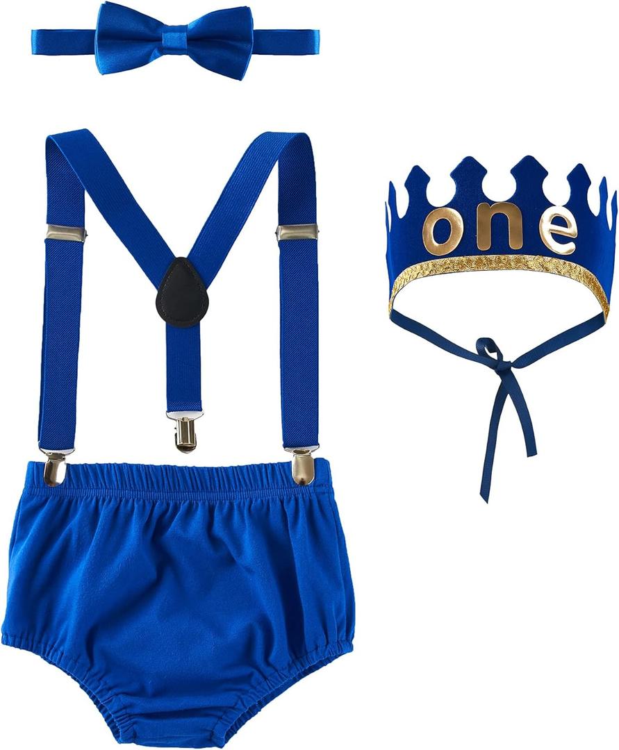 Baby Boy First 1st Birthday Cake Smash Outfit Boys One Birthday Crown Bloomers Pants Bow Tie Suspenders Set