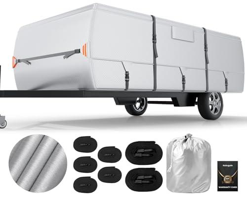 Oxford Fabric Pop Up Folding Camper Cover 12'-14' Super Waterproof Tear-Resistant Anti-UV Tent Trailer Cover for Winter Snow with Reinforced Corners, 5+2 Windproof Straps, Storage Bag