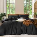 MooMee Bedding Duvet Cover Set 100% Washed Cotton Linen Like Textured Breathable Durable Soft Comfy (Solid Black, King 104"x90")