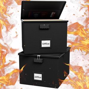 2 Pack Fireproof Document Box File Organizer - Portable Waterproof Fire Safe Locking Filing Storage Box with Handle for Hanging Letter Size Folder Important Document (Black)