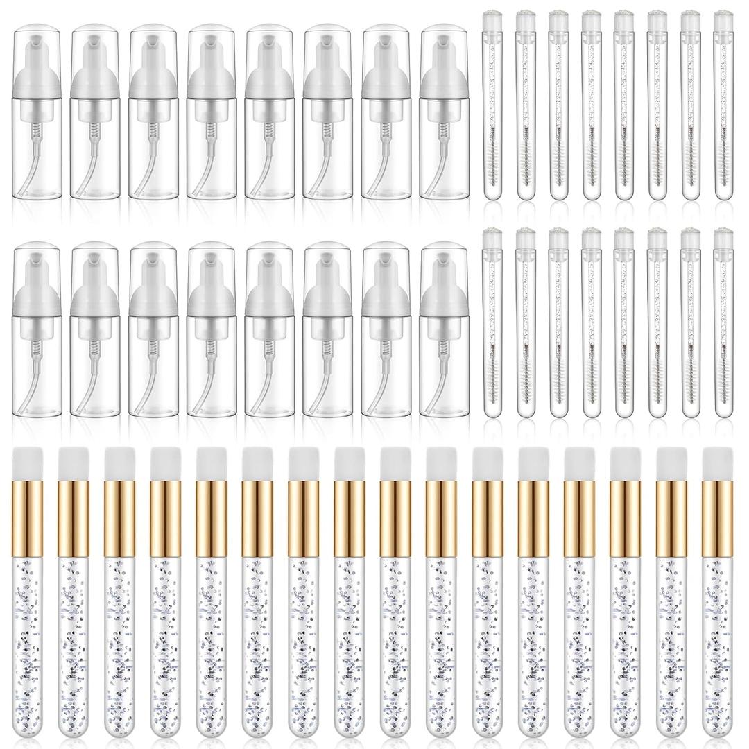 48 Pcs Lash Shampoo Brushes Soap Bottle Set, 16 Pcs Eyelash Extensions Brushes 16-Pcs Blackhead Nose Cleaning Brush 16-pcs Lash Shampoo Bottles, Eyelash Care Set for Women (White)