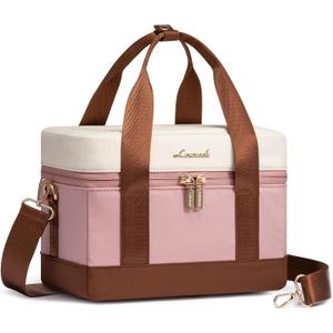LOVEVOOK Insulated Lunch Bag for Women - Cute Lunch Box Cooler for Work, Picnic, and Beach, Pink (Medium, Pink-beige-brown)