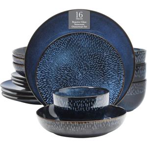 Gibson Elite Matisse 16 Piece Double Bowl Dinnerware Set, Cobalt Blue, Service for 4 (16pcs)