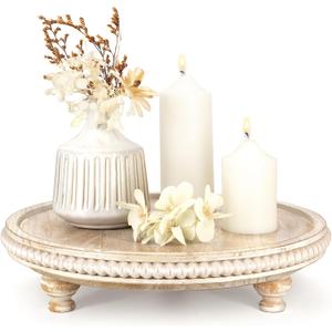 EOSAHR Rustic Round Pine Wooden Display Riser Farmhouse Beaded Wooden Trays For Decor, Plant Stand & Coffee Table Display Risers for Room Decor & Kitchen Organizer (Light-Natural)