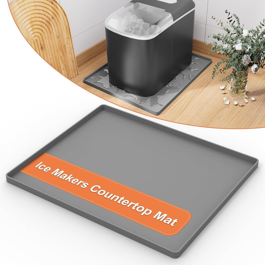 GCGOODS Ice Makers Countertop Mat, 12 x 10 inch Mat for Ice Maker Machine, Portable Silicone Mat with Raised Edge Prevent Liquid Spillage, Ice Maker Accessories Non- Slip Mat, Grey
