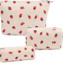 3 Pcs Makeup Bag Cosmetic Bag Set for Girls Women Travel Organizer Bathroom Toiletry Pouch Large Capacity Storage Bag (Strawberry Beige)