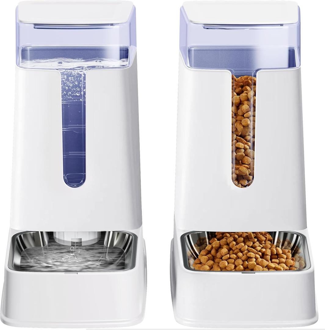 Cat Food Dispenser and Cat Water Dispenser Set with Stainless Steel Bowls Gravity Dog Feeder for Small Medium Big Cat Dog Pet Puppy Kitten, 1 Gallon x 2 (white)