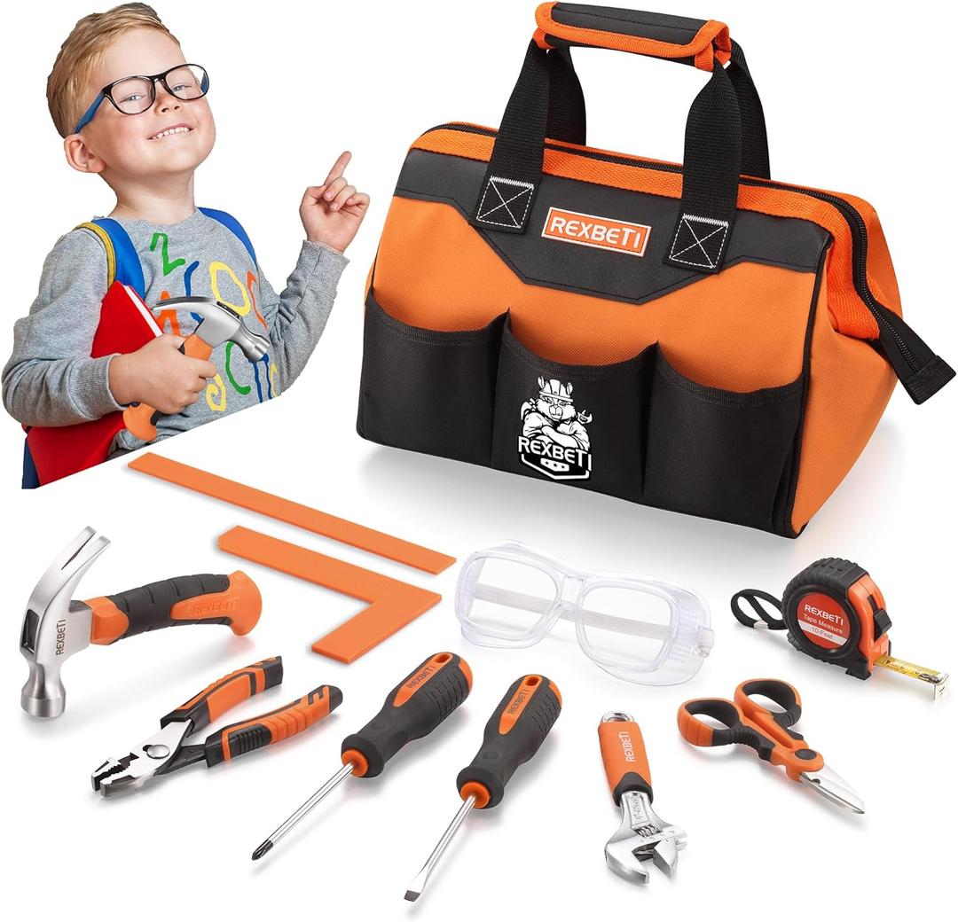 REXBETI 10-Piece Kids Tool Set with Real Hand Tools, Orange Durable Storage Bag, Children Learning Tool Kit for Home DIY and Woodworking, 6+ Years Old Birthday Gift