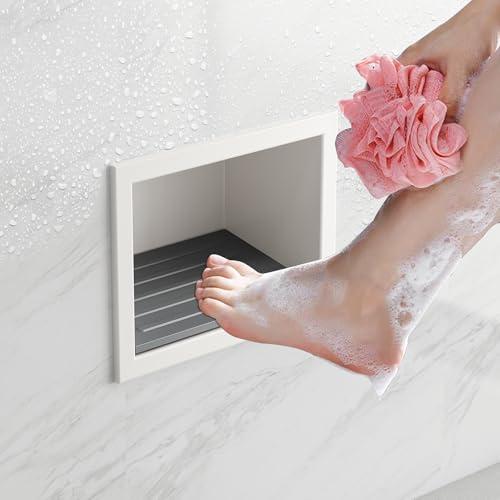 Qeke Shower Foot Rest for Shaving Legs, 304 Stainless Steel Footrest Niche with Shaving Holder, Recessed Shower Niche for Shaving Legs, Matte White