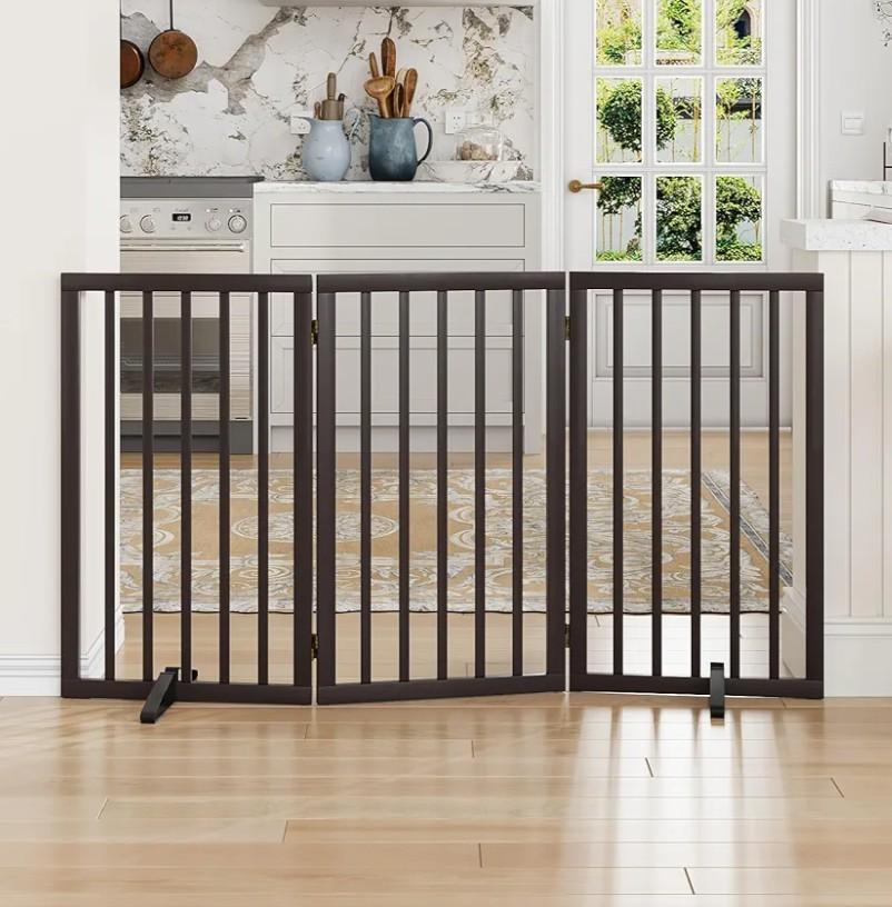 Dog Gate for Doorways 32" Tall Freestanding Dog Gate for Stair Foldable Pet Gate for Dogs Indoor (Brown,3 Panel)