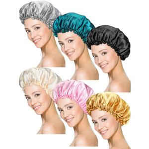 Syhood 6 Pieces Sleep Cap Satin Bonnet Sleeping Hat Soft Elastic Night Hair Cover for Women(Black, Beige, Silver, Gold, Pink, Peacock Blue,Medium)