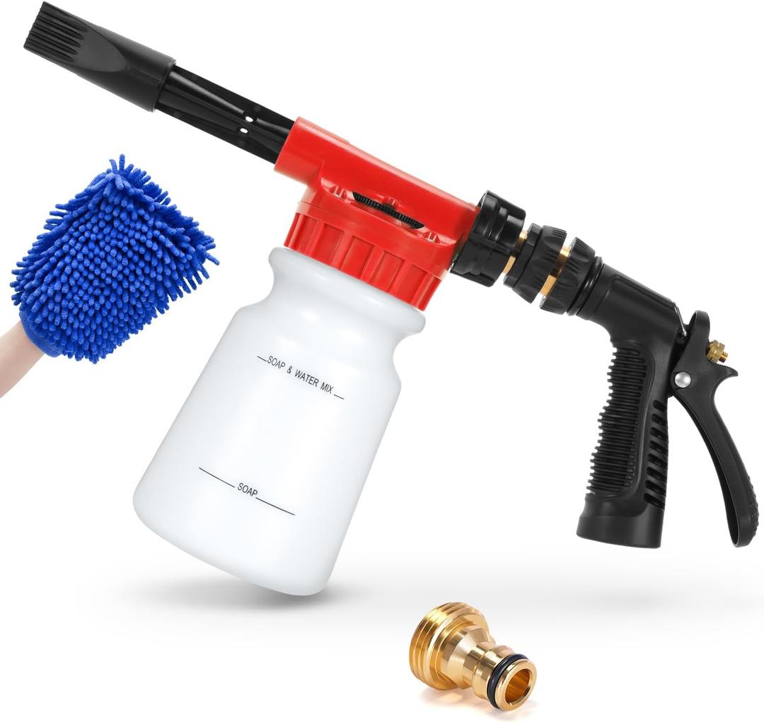 Ohuhu Car Wash Foam Gun for Garden Hose, Car Wash Soap Sprayer with 3/8" Connector & Washing Mitts, Dual Filtration, 6 Levels of Foam Concentration, Quick Connect to Most Garden Hose (Red)