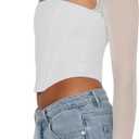 REORIA Women's Sexy Mesh Long Sleeve Boned Corset Top Trendy Y2K Square Neck Going Out Bustier Crop Tops (White, M)