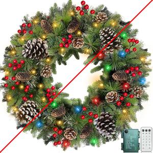 Remote Control - 26 Inch Super Large Thick Prelit Christmas Wreath Realistic-Feel 50 Warm White & Colorful Lights Timer 12 Mode Double Frame 228 Branches 8 Pinecone 40 Red Berry Xmas Decor Outdoor