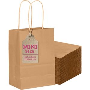 qiqee 50-Packs Brown Paper Gift Bags with Handles Bulk 4.5"x2.5"x6" Mini Size Party Favor Bags Multiple Uses