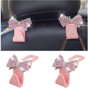Zpana Bling Car Headreat Hook, 2PCS Crystal Rhinestone Cute Bow Vehicle Seat Back Hanger Storage for Purses Bags Grocery, Diamond Auto Rear Seat Organizer, Universal for SUV Truck Sedan (Pink)