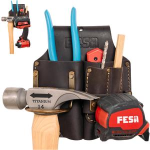 FESA Durable Leather Pliers Holster - Leather Double Plier Holder for Belt with Steel Hammer Holder, Tape Clip & 2 Carpenter's Pencil Pockets - Clip On Any Belt - Handcrafted (Brown)