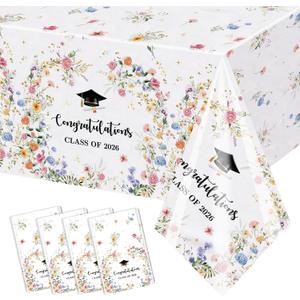 AIBIIN 4 Pcs Wildflower Graduation Tablecloths Floral Congrats Grad Disposable Table Covers Class of 2026 Graduation Party Table Cloth Decorations