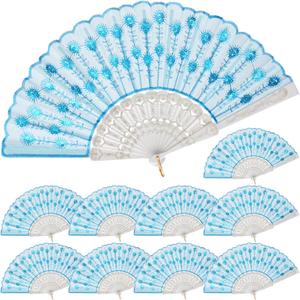 QIRMIZI 10 PACK Fabric Folding Handheld Fans, Perfect for Weddings, Parties, and Dancing,Light Blue