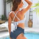 Blooming Jelly Womens High Waisted Bikini Sets Drawstring Tummy Control Swimsuits Crisscross Tie Back Bathing Suit (Blue, S)