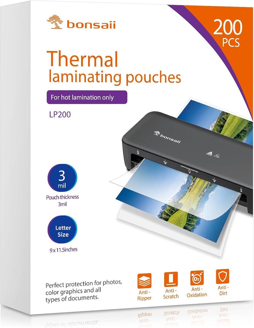 Bonsaii Laminating Sheets, 200 PCS 3mil Thermal Laminating Pouches, 9 x 11.5 inches, Letter Size, Clear and Durable, Suitable for Multiple Fields of Use-LP200