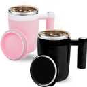 Self Stirring Coffee Mug 14oz - Rechargeable Magnetic Stirring Cup with Lid, Stainless Steel Auto Mixing Mug for Coffee, Tea & Hot Cocoa - Valentine's Day Gifts for Couples (Black&Pink 2-Pack)