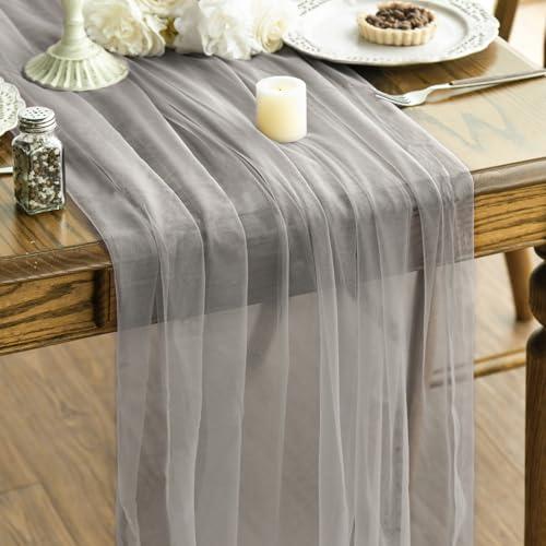 Artoid Mode Grey Gauze Table Runner 120 Inch 10FT, Seasonal Sheer Kitchen Dining Holiday Wedding Birthday Baby Shower Table Decor for Home Party