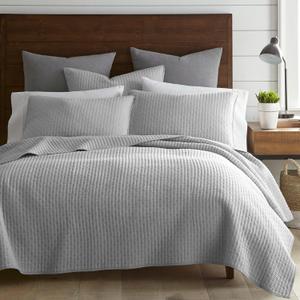 Levtex Home - Cross Stitch Light Grey Quilt Set - 100% Cotton - King/Cal King Quilt (106x92in.) + 2 King Shams (36x20in.) - Reversible - Cotton Fabric