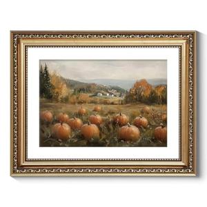ARPEOTCY Vintage Gold Framed Wall Art Decor, 11x14 Inch Pumpkin Field Picture Artwork, Classical Farmhouse Fall Wall Art for Living Room Bedroom Study, Retro kitchen Autumn Decor Aesthetic