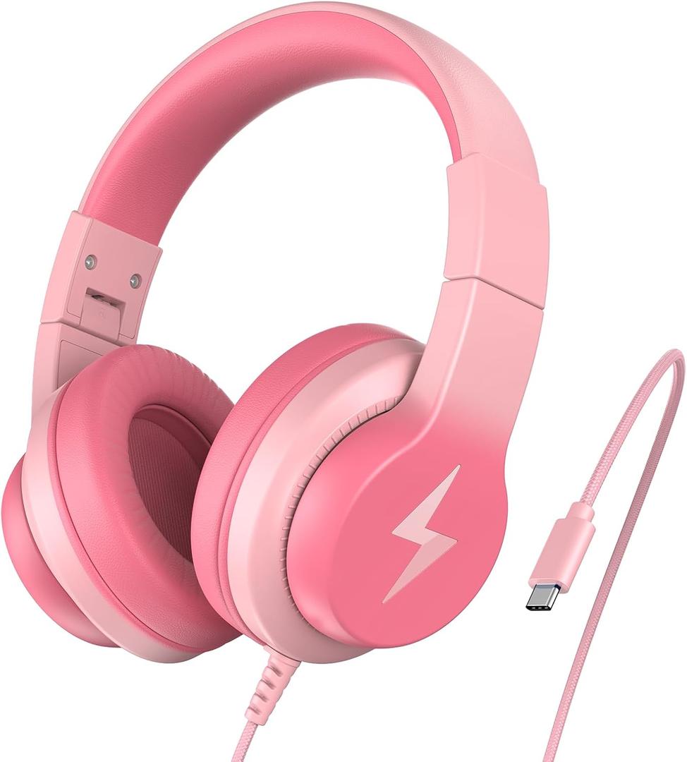 Kids Headphones for School, Upgrade USB C Headphones for Kids, Wired Headphone for Kid, HD Stereo Sound, Foldable Kid Over-Ear Headphone for Boys, Girls, PC, Tablets, Pink