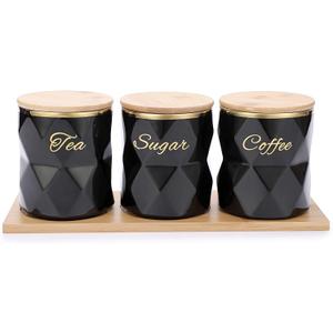 JUXYES Ceramic Canisters Set for Sugar Coffee Tea, Luxurious Storage Containers Set with Lids Decorative Storage Pots Black Storage Jar for Kitchen Counter Dining Room