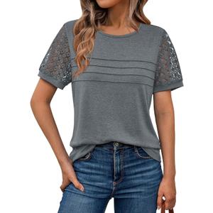 AUTOMET Women's Short Sleeve Shirts Dressy Lace Summer Tops 2026 Spring Trendy Casual T-Shirts Cute Work Outfits Blouses (Large, Grey)