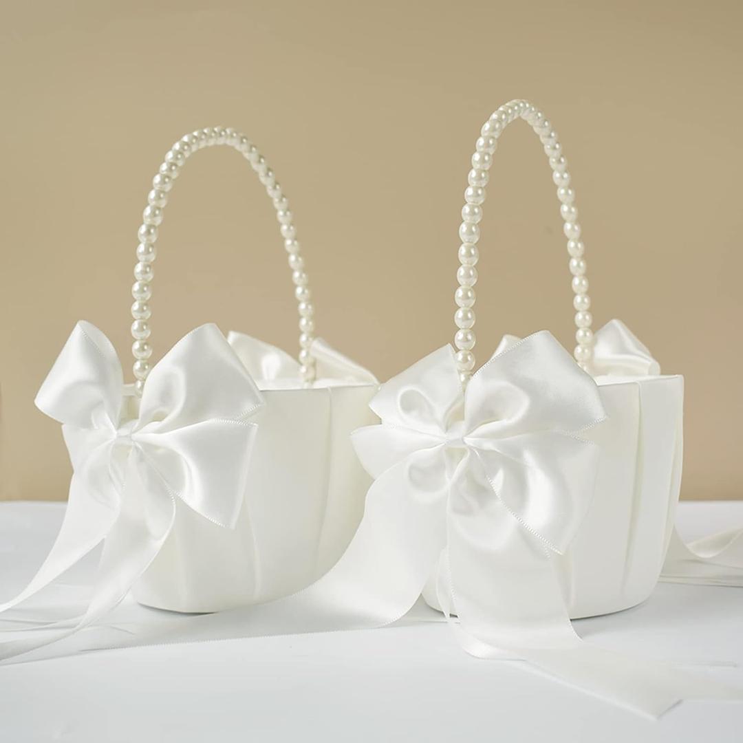 2 Pcs Wedding Flower Girl Baskets with Cute Pearl Handle Bowknot Satin Flower Baskets for Wedding Ceremony, Ivory