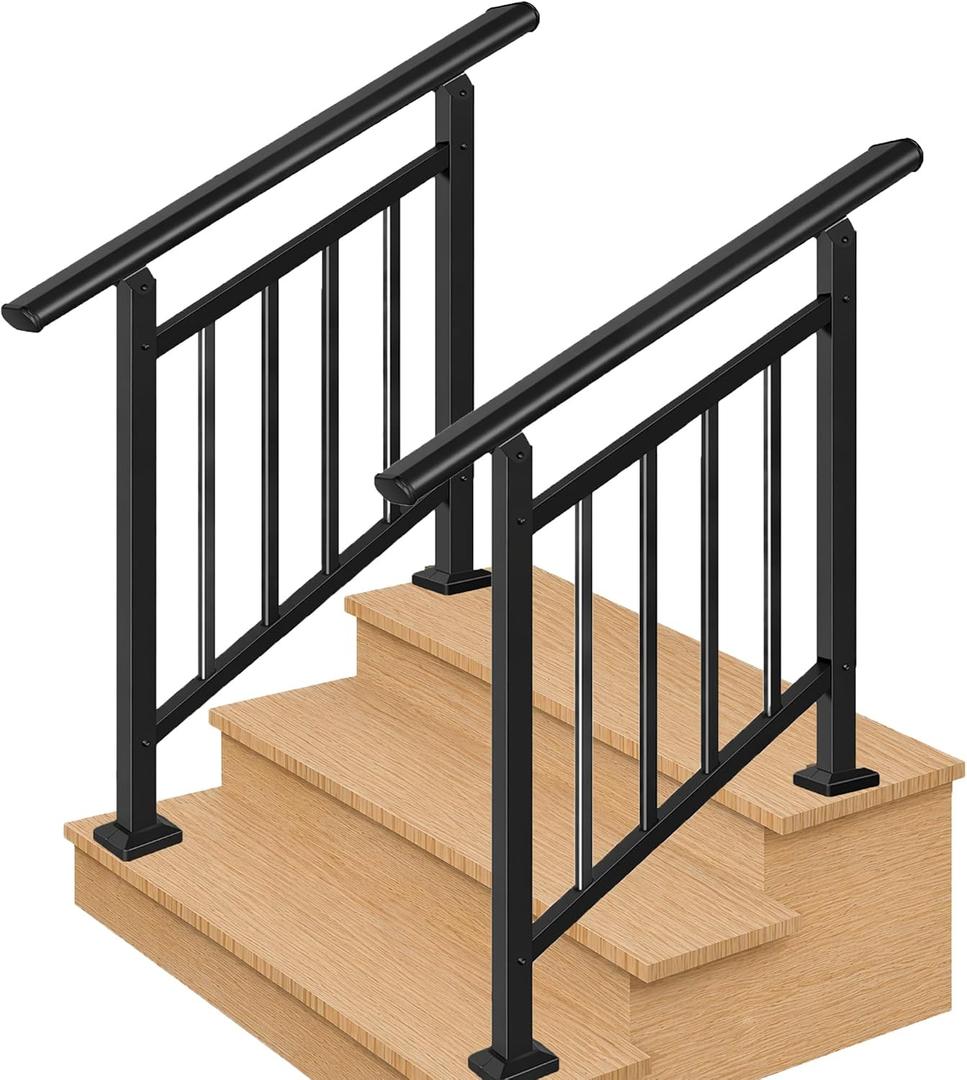 2 Pack 3-Step Hand Rails for Outdoor Steps with Black Balusters