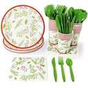 Juvale 144 Piece Christmas Party Plates, Napkins, Cups, Cutlery with Holly Berry and Leaves Design (Serves 24)