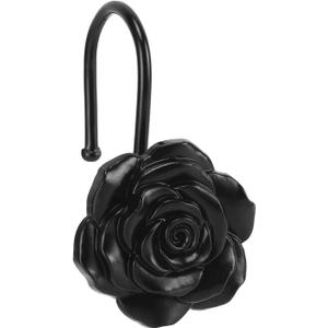 Metal Rose Shower Curtain Hooks, Rust-Resistant Hooks for Shower Curtain Rods, Set of 12, Beautiful Floral Rose Design Bathroom Decoration Hooks Black