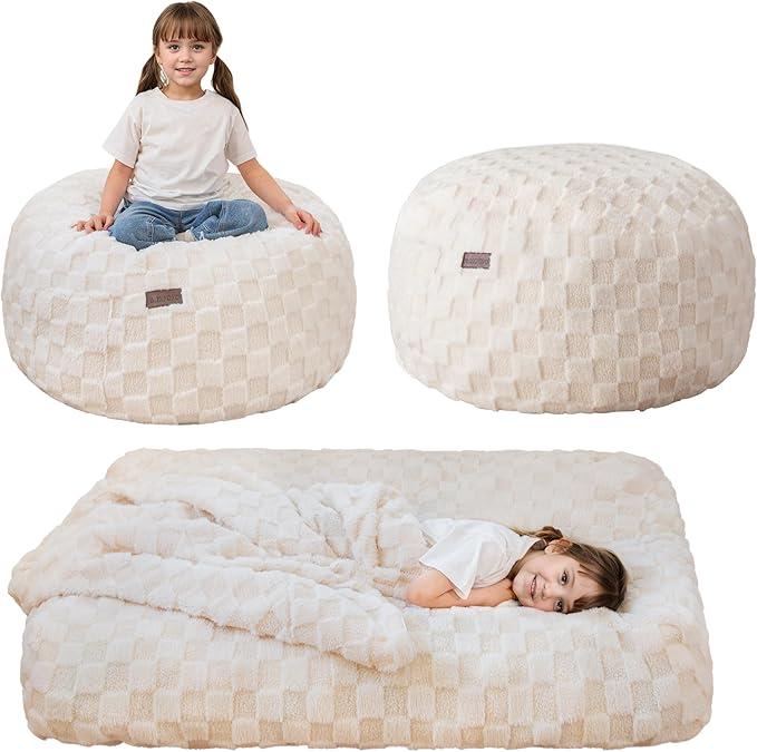MAXYOYO Kids Bean Bag Chair Bed, Convertible Children Bean Chair to Floor Mattress with Filler, Bean Bag Bed Stuffed Child Sofa Couch for Girl Boy Sleeping, Machine Washable Cover, Plaid Beige