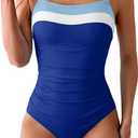 Women's Ribbed One Piece Swimsuits Color Block Tummy Control Bathing Suit Slimming 1 Piece Swimwear (Medium, Blue-white-royal Blue)