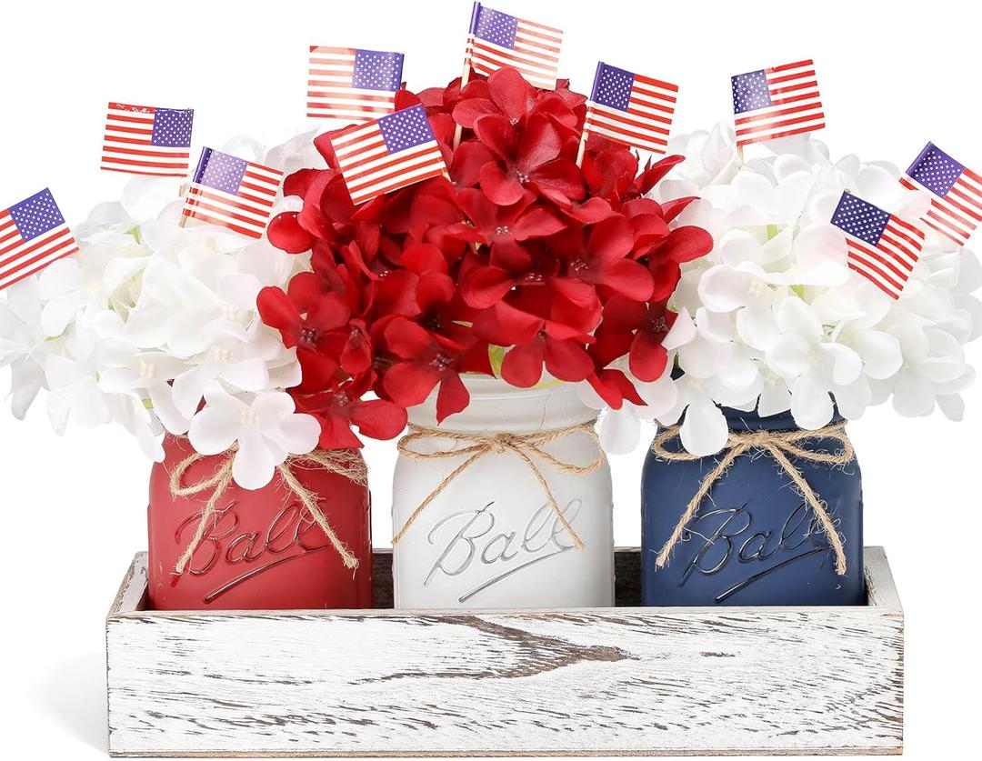 Patriotic Table Decorations, Memorial Day Decor, 250 Anniversary USA Patriotic Mason Jars with Mini American Flags, 4th of July Decorations, Red White and Blue Decor, Patriotic Themed Party Decoration