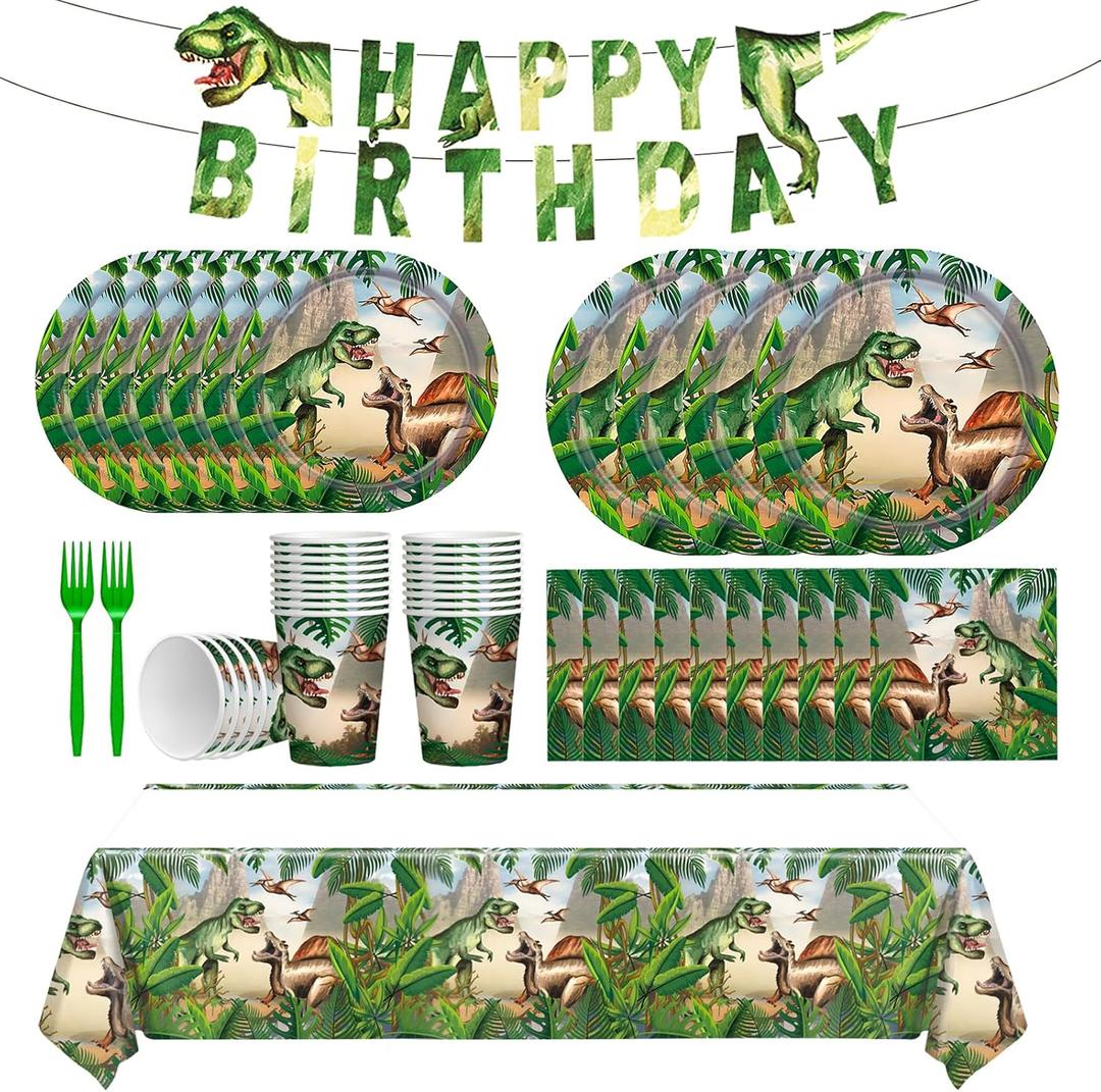 Dinosaur Theme Birthday Party Supplies Dinosaur Party Decoration Includes Plates Napkins Cups Forks Dino Banner Tablecloths Tableware for Birthday, Serves 24 Guests Total 122 Pcs