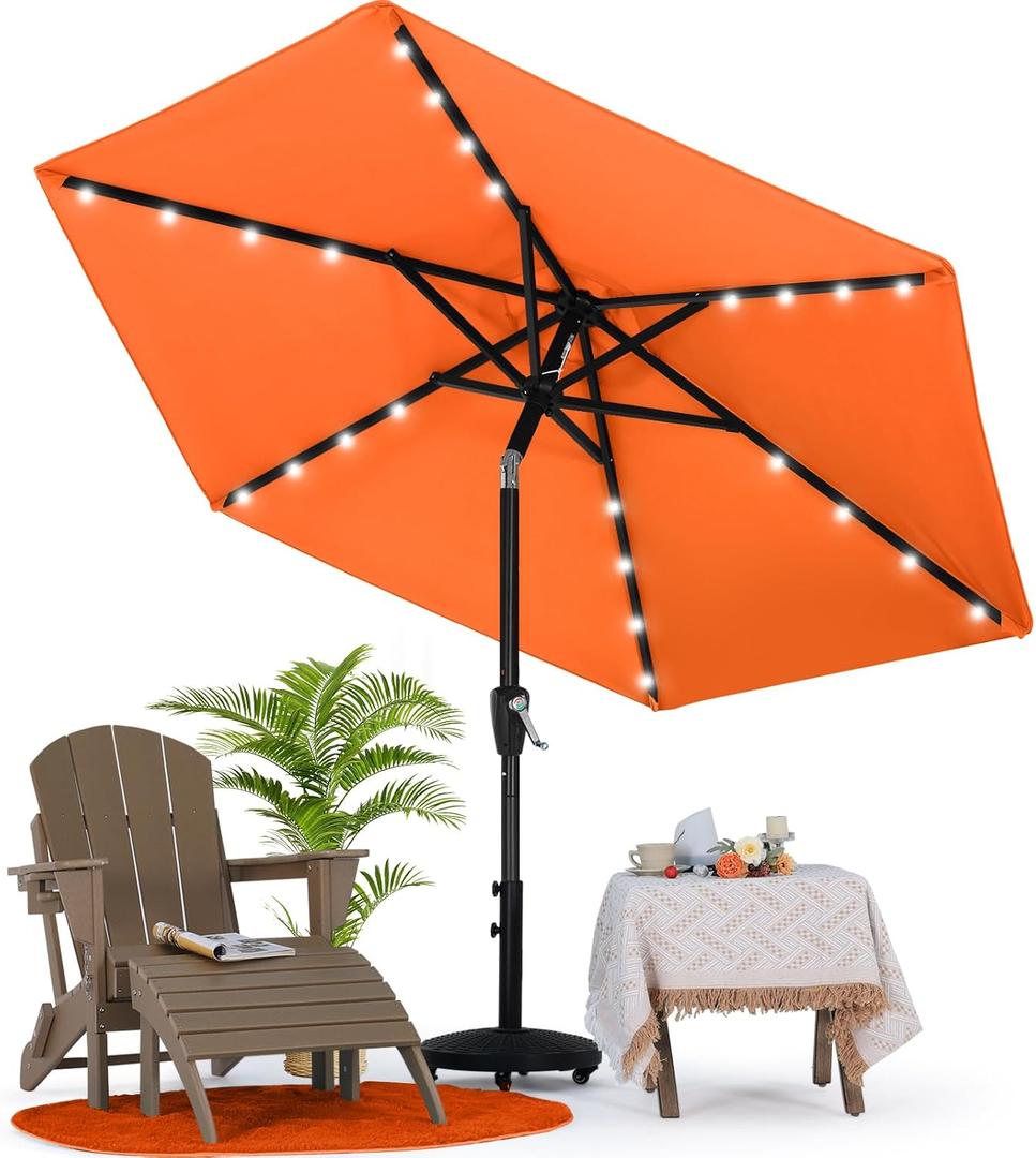 MASTERCANOPY 7.5FT 6Ribs Patio Umbrella with 32 Solar LED Lights, Outdoor Market Umbrella with Tilt & Crank, UV Protection & Fade Resistant Fabric, Easy Set-Up for Garden, Deck, Pool (Orange)