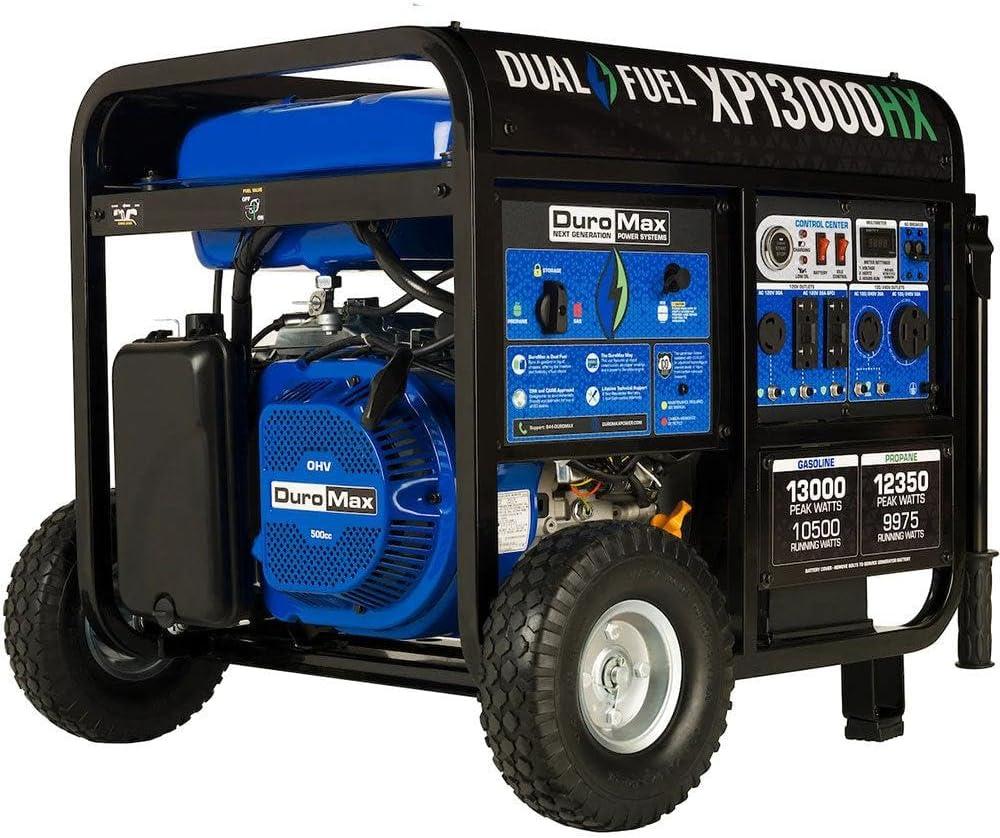 DuroMax XP13000HX 13,000-Watt Dual Fuel Portable Generator - Gas & Propane, Electric Start, Whole Home Power Backup, Transfer Switch Ready, RV & Emergency Ready