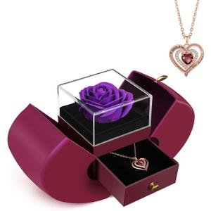 Preserved Purple Real Rose with Heart Necklace, Forever Flowers Rose Valentines Day Gifts for Her, Girlfriend, Wife, Mom, Women, on Mothers Day, Birthday, Anniversary, Thanksgiving, Christmas