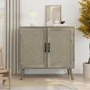 Smuxee Wood Sideboard, Freestanding Buffet Cabinet with 2 PVC Rattan Doors, Storage Cabinet with Adjustable Shelf for Living Room, Entryway, Hallway (Wash Grey)