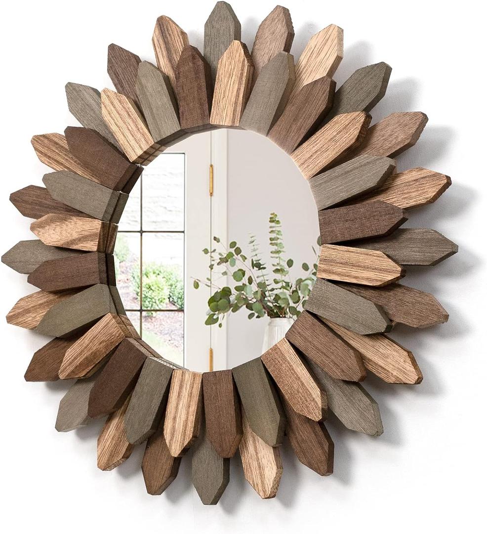 Honiway Boho Wall Decor 12 inch Decorative Mirror with Rustic Wood Sunburst Frame, Perfect for Bedroom, Living Room, Bathroom, Kitchen (Tril Color)